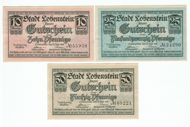 SET OF 3 GERMANY NOTGELD 10.25.50 PFENNIG STADT-LOBENSTEIN 1919 UNC