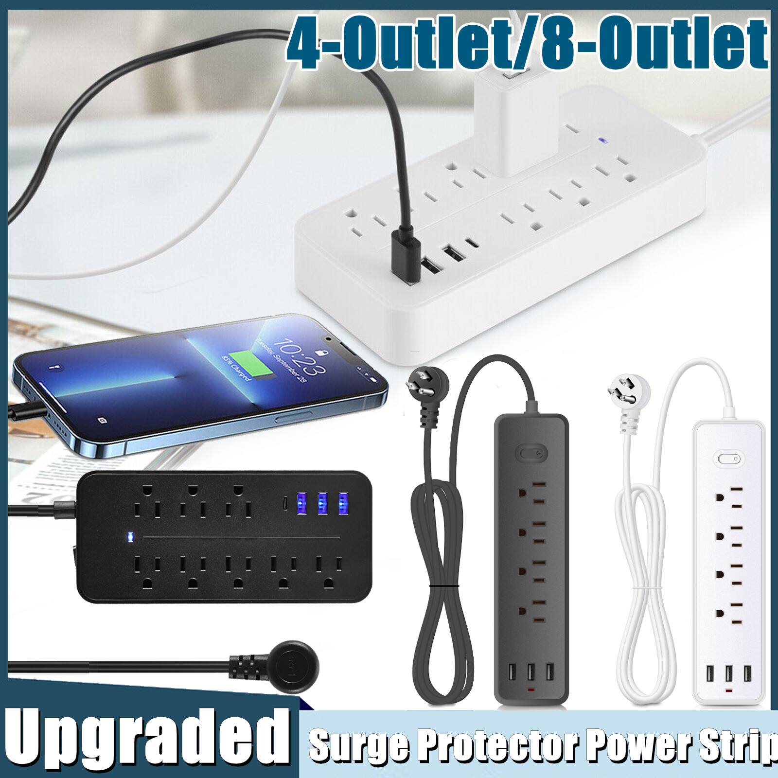 Wall Mountable USB Surge Protector Power Strip with USB Ports 4/8 Outlet Plugs