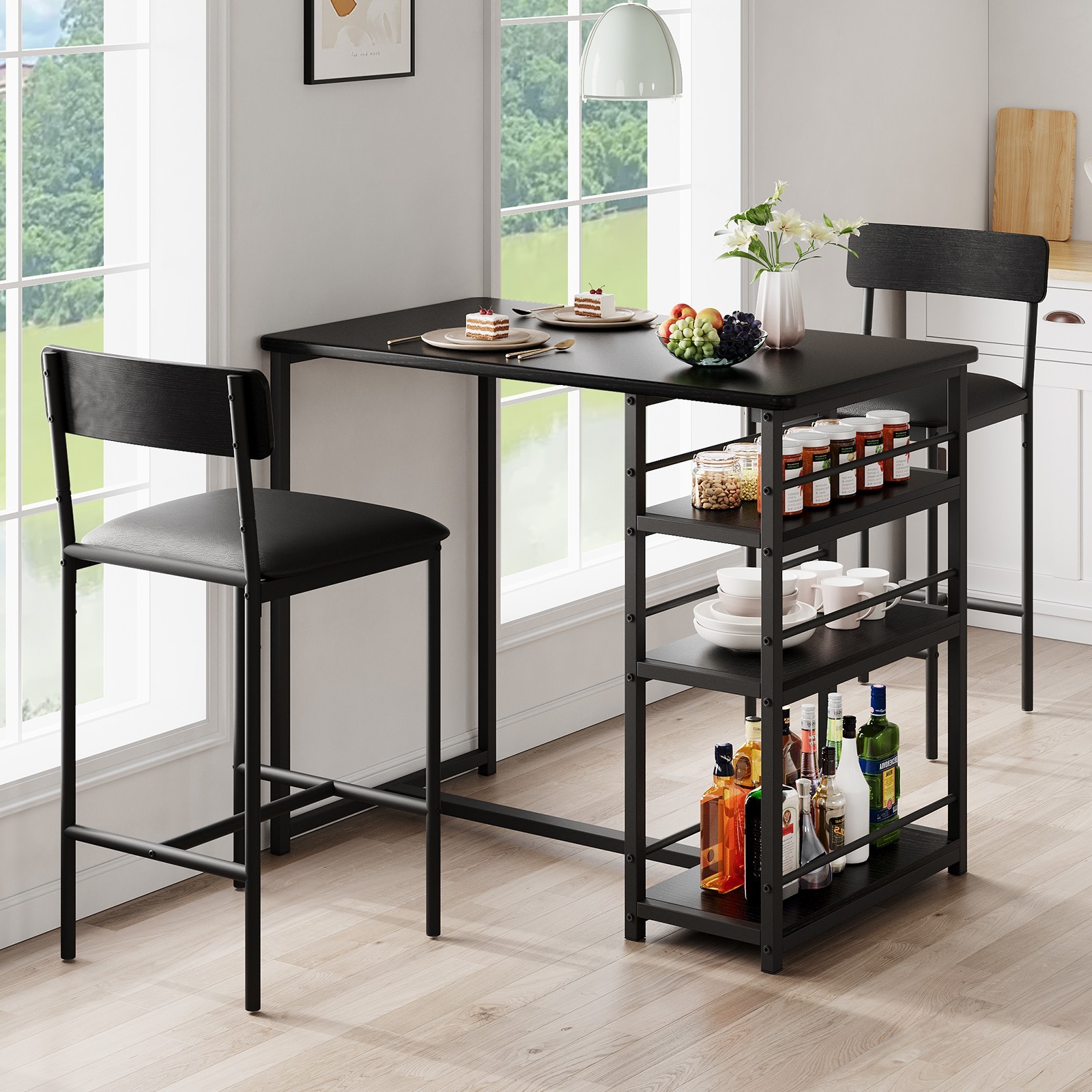 Bar Table Set with Storage Shelves,Dining Table Set ,Tall Nook,Cushion Stools