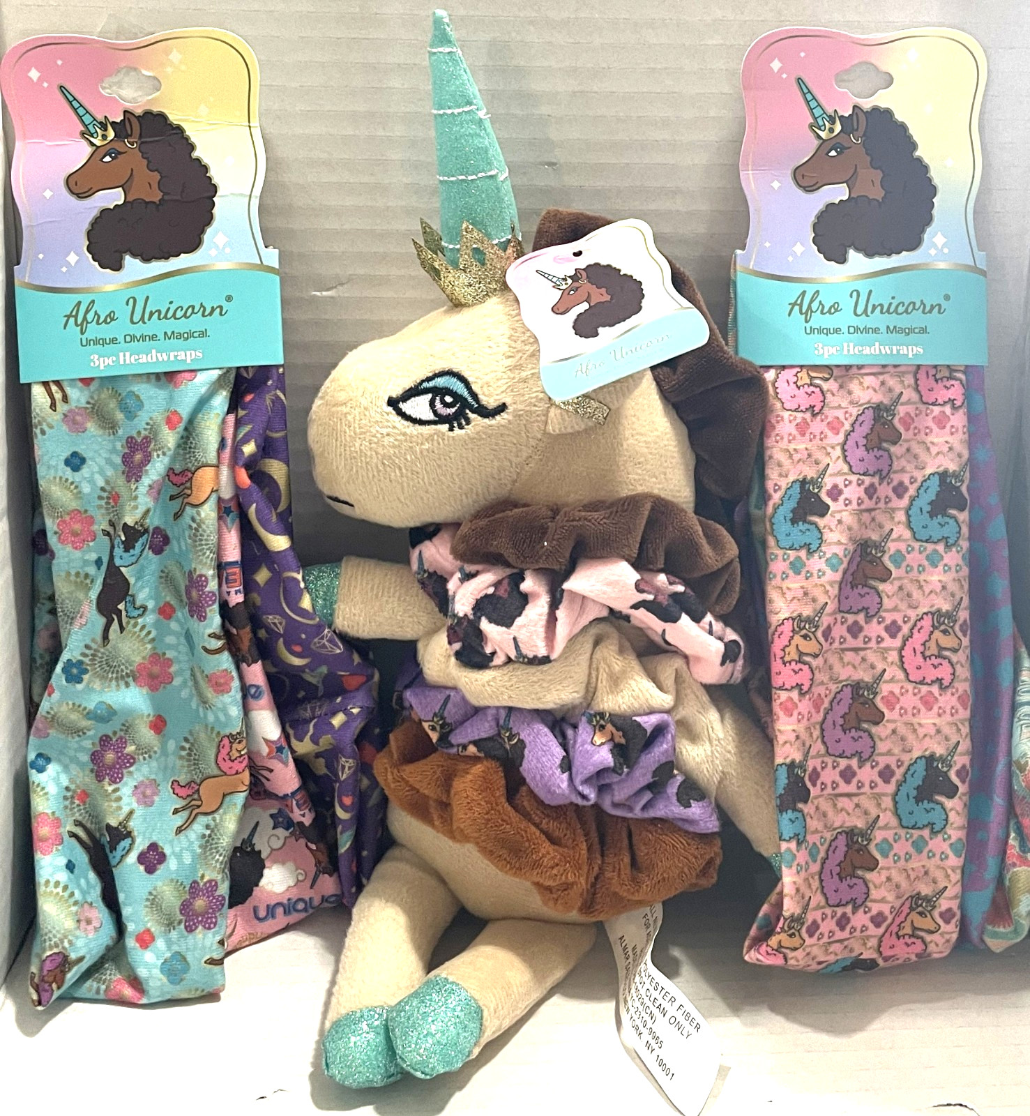 Afro Unicorn 3 Piece Headwraps X 2  & 4 PC Hair Scrunchies Set w/ Plush Unicorn