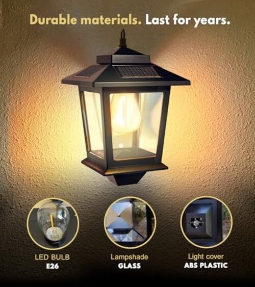 Solar Wall Lanterns with Replaceable Bulb,Outdoor Hanging Lights 2 Pack Black