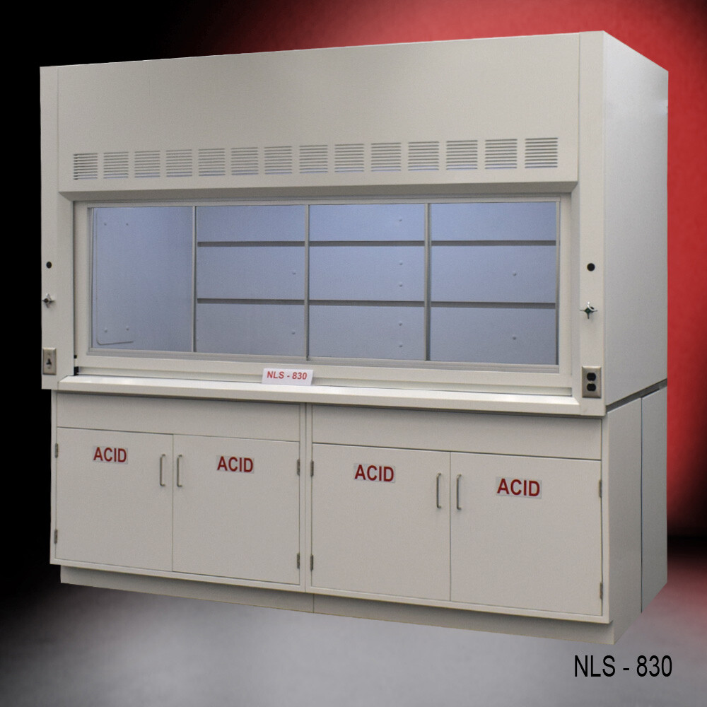 Laboratory 8' x 4' Bench Fume Hood w/ ACID Storage Cabinets/ Dual Sash E1-829