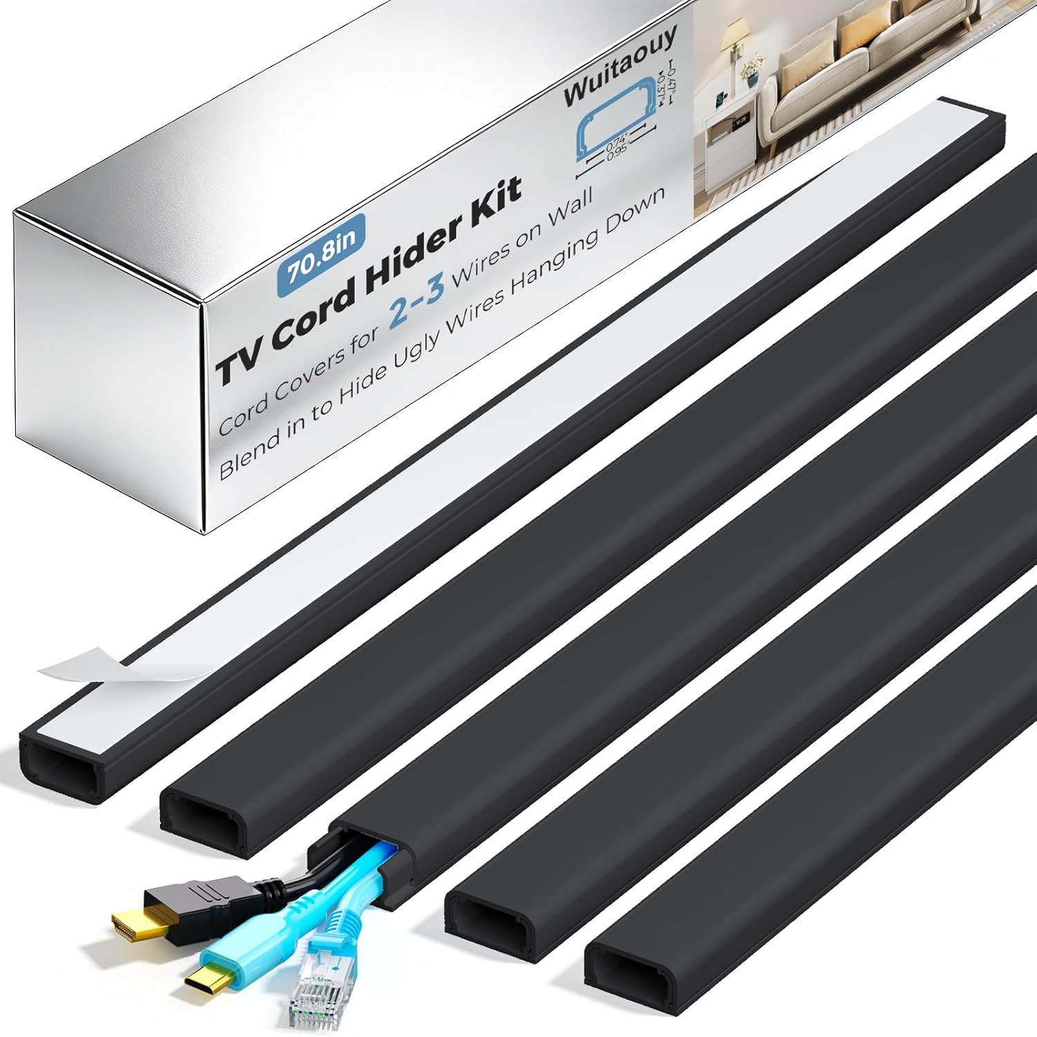 Cord Hider Kit, 70.8In Cord Covers for 2-3 Wires on Wall, Paintable Cable Hider