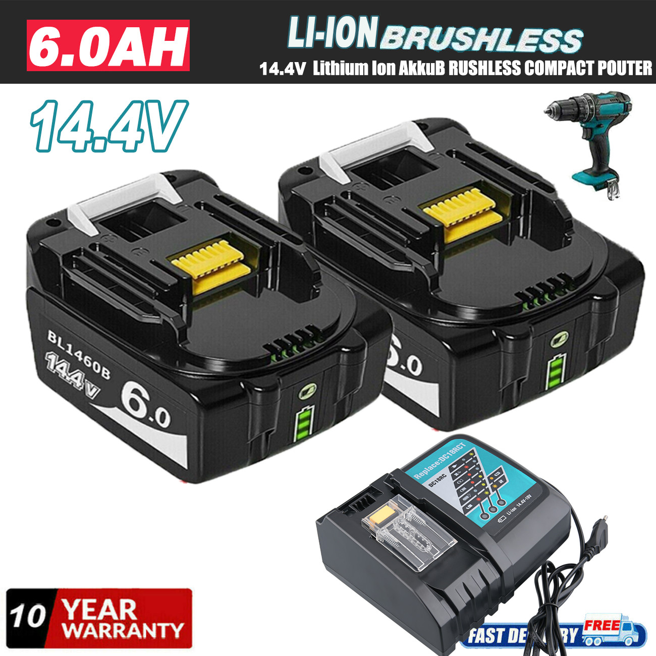 For Makita 14.4V 6.0Ah Battery BL1430B BL1460B 194065-3 JT6226 BL1450B BL1415