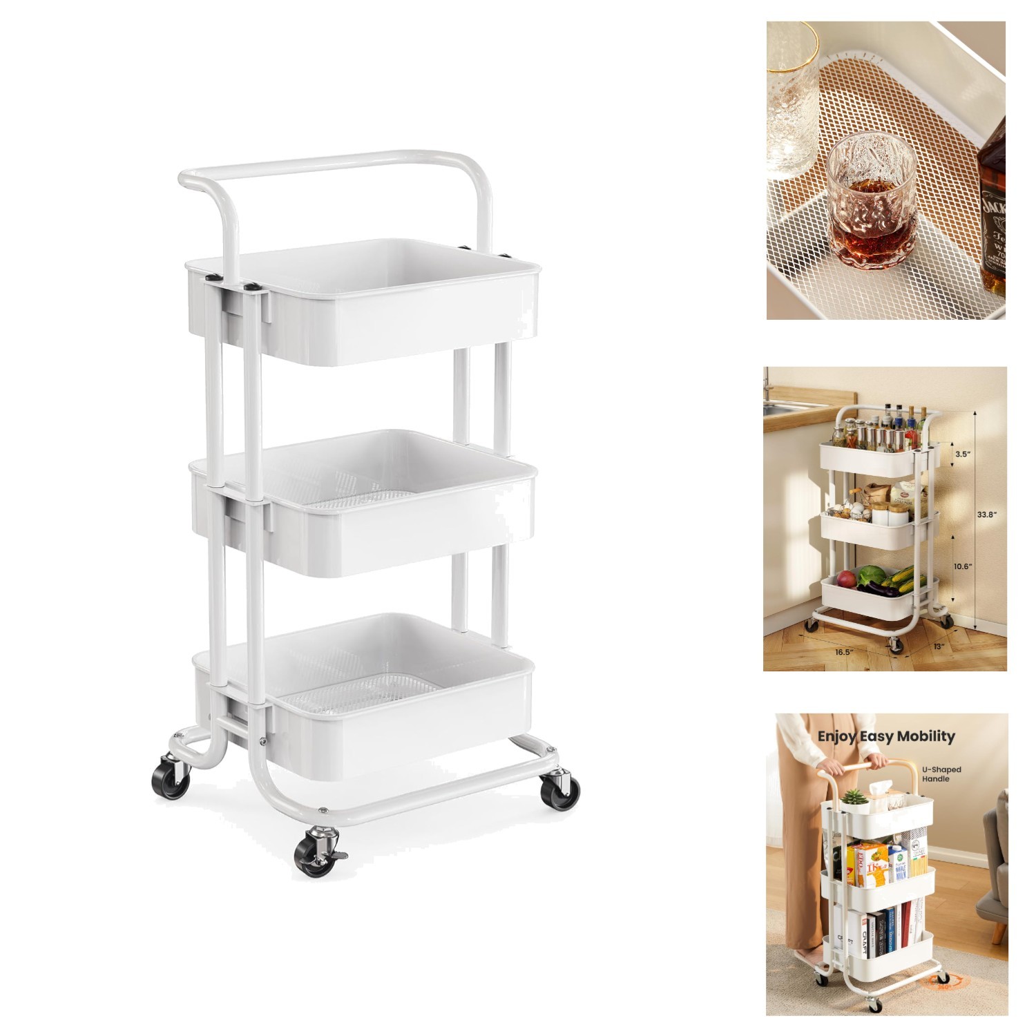 3 Tier Rolling Utility Cart with Lockable Wheels - Metal Organization Solution