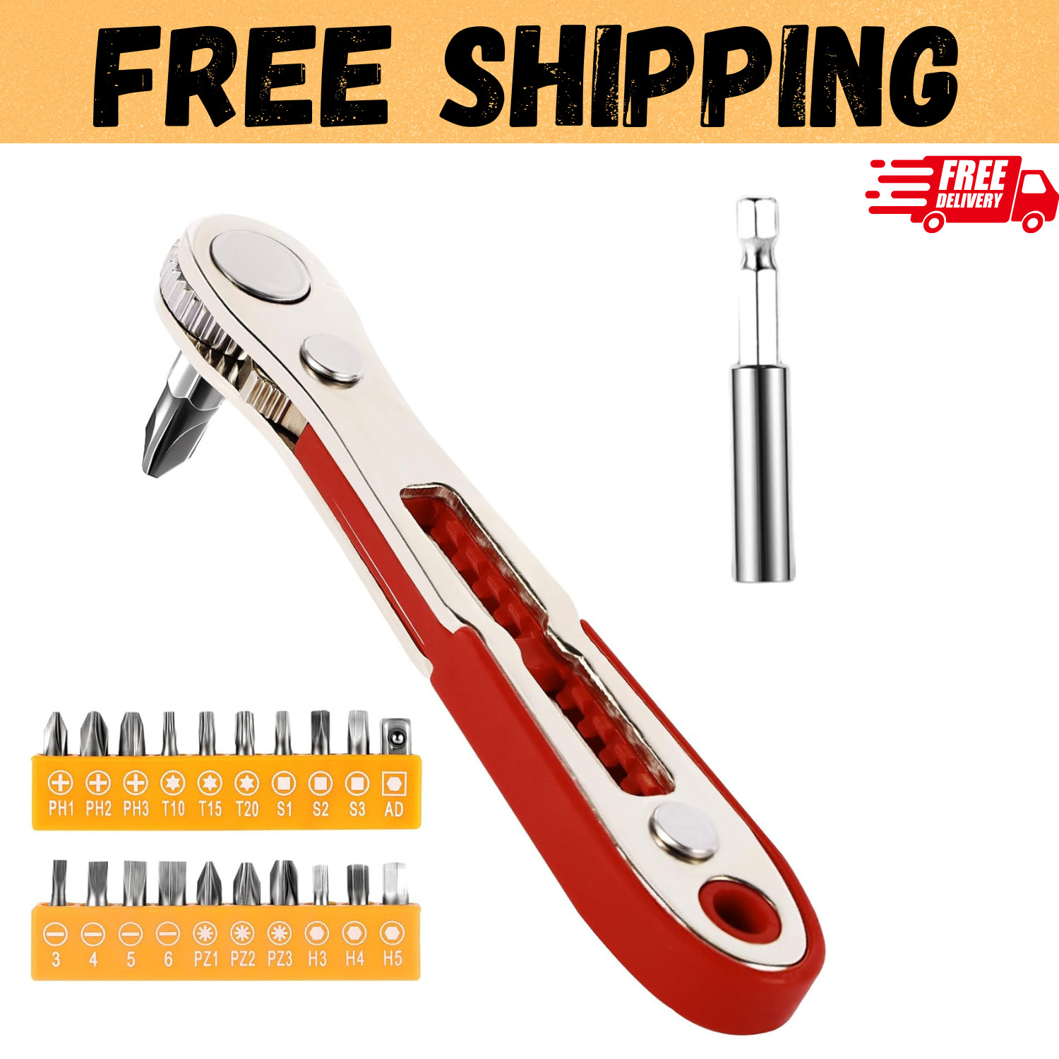 Ratcheting Right Angle Screwdriver Hex Drive 90 Degree Offset + 10pc Bits Set!