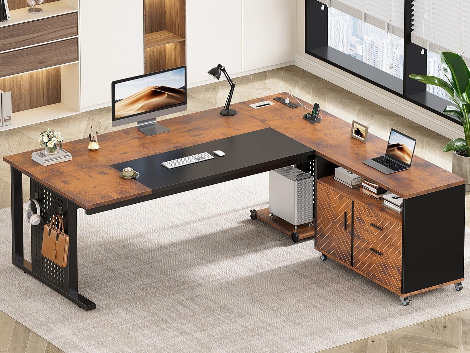 71" Executive Desk with Rolling File Cabinet, Modern L Shaped Computer Desk