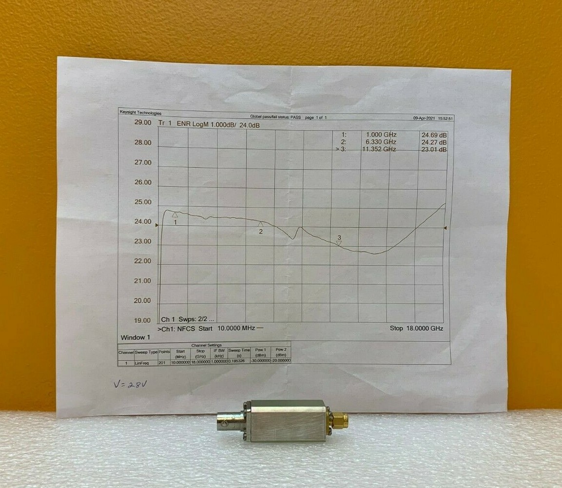 NoiseCom NC3208  1 to 18 GHz, 24 dB ENR, 28 VDC, Noise Source.  Tested + Data!