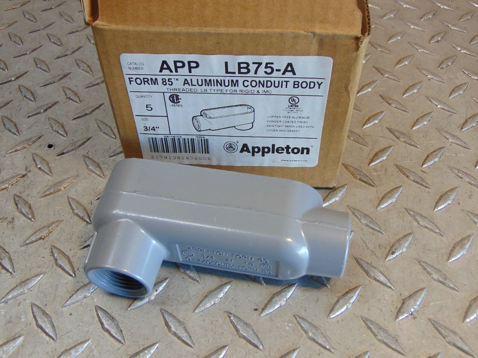 *LOT OF 5* NEW APPLETON APP LB125-A 3/4" FORM 85 ALUMINUM CONDUIT BODY