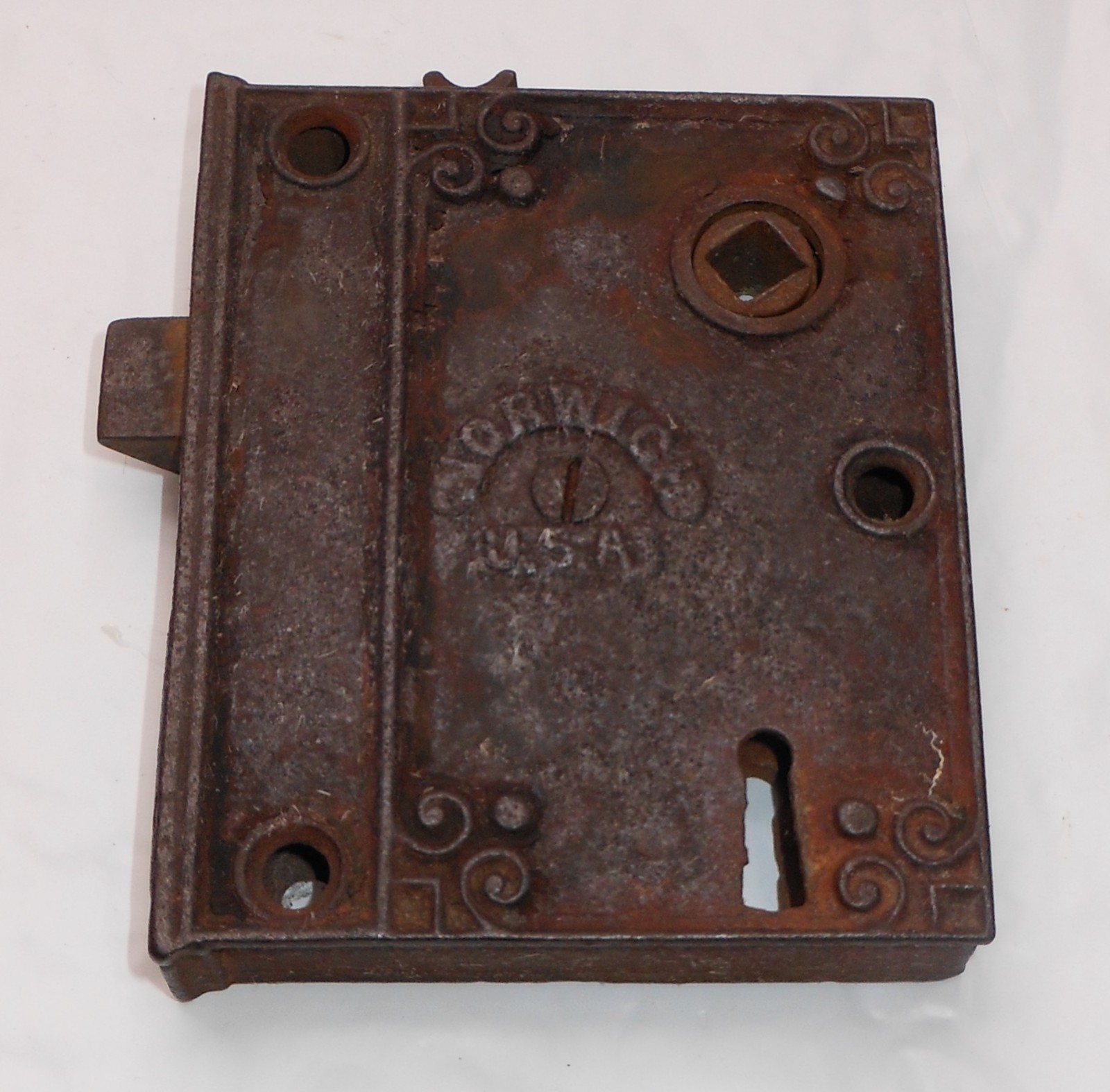 Antique Norwich Rim Door Lock 5201 Japanned No Key Rusted Tested 4" H x 3.25" W