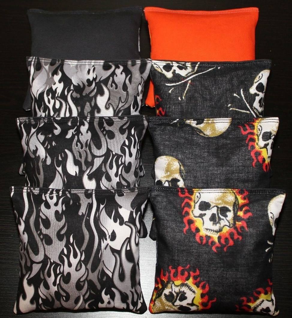 FLAMES & SKULLS Cornhole Bean Bags 8 ACA Regulation Harley Orange & Black Bags