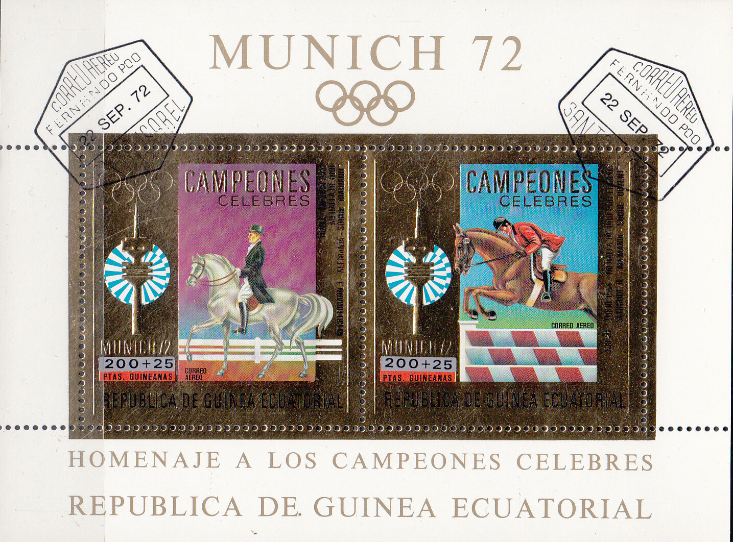 W EQUATORIAL GUINEA 0146-B30A U MUNICH OLYMPIC EQUESTRIAN PERF GOLD FOIL SS