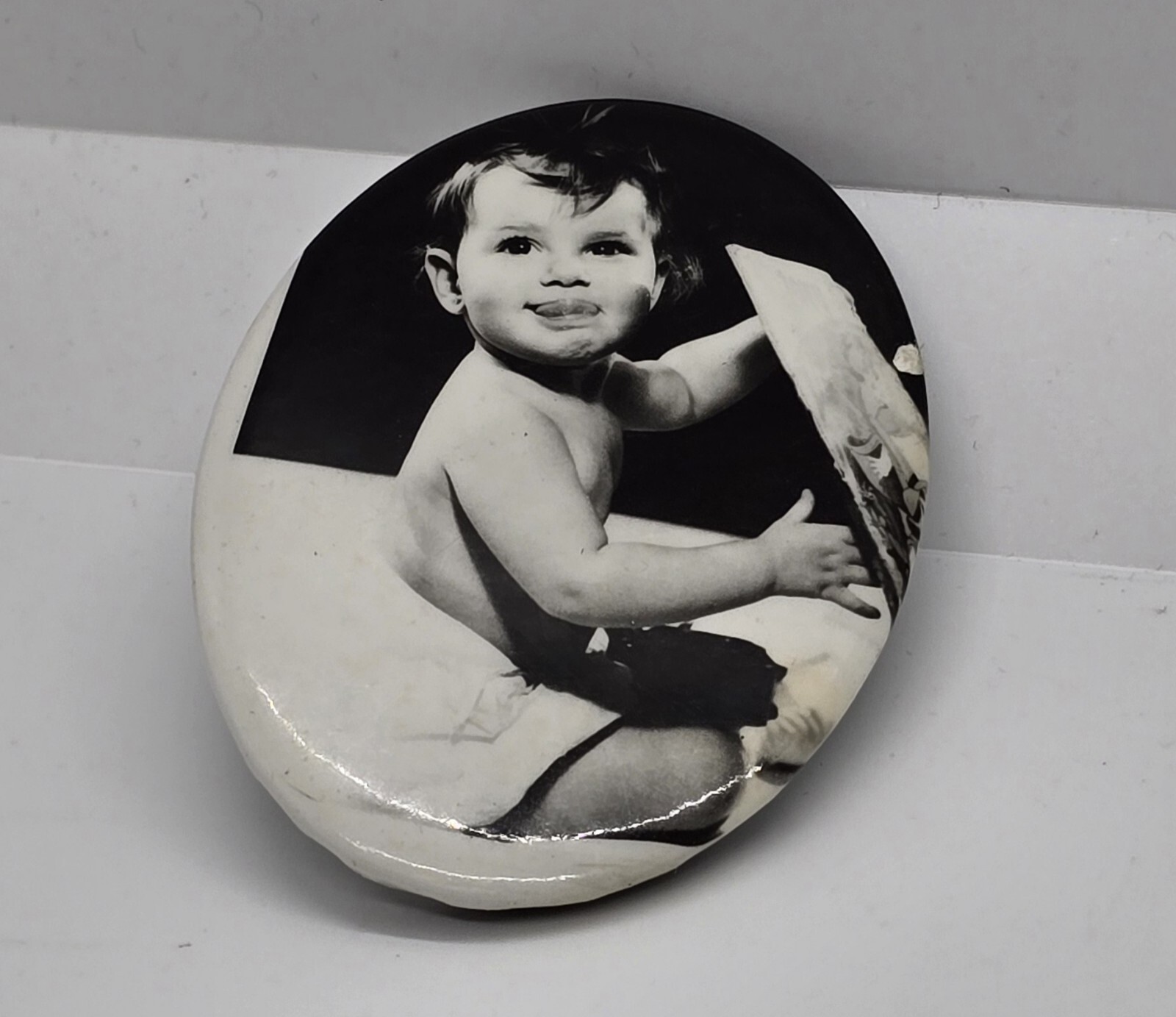 Vintage Antique Black & White Baby Photo  Celluloid Photo Pocket Mirror