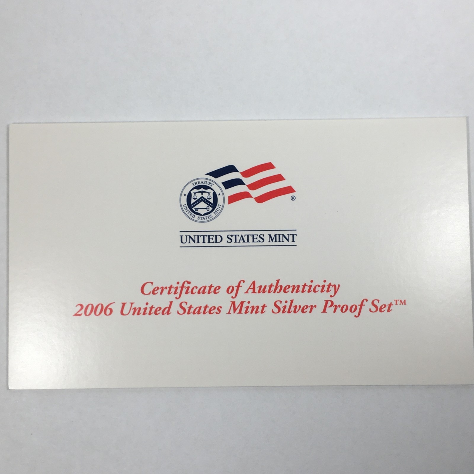2006 Certificate of Authenticity - COA for Silver Proof Set - COA06SS
