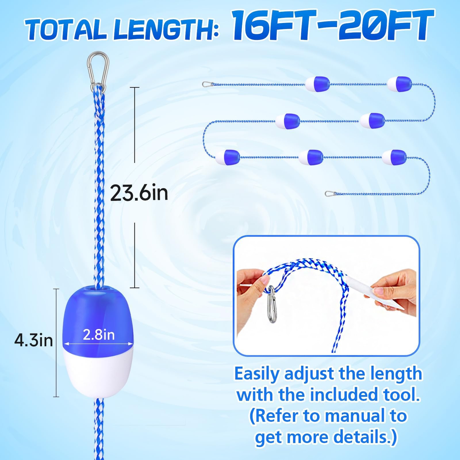 16ft 20ft Adjustable Pool Safety Rope with Floats, Floating Pool Divider Stur...