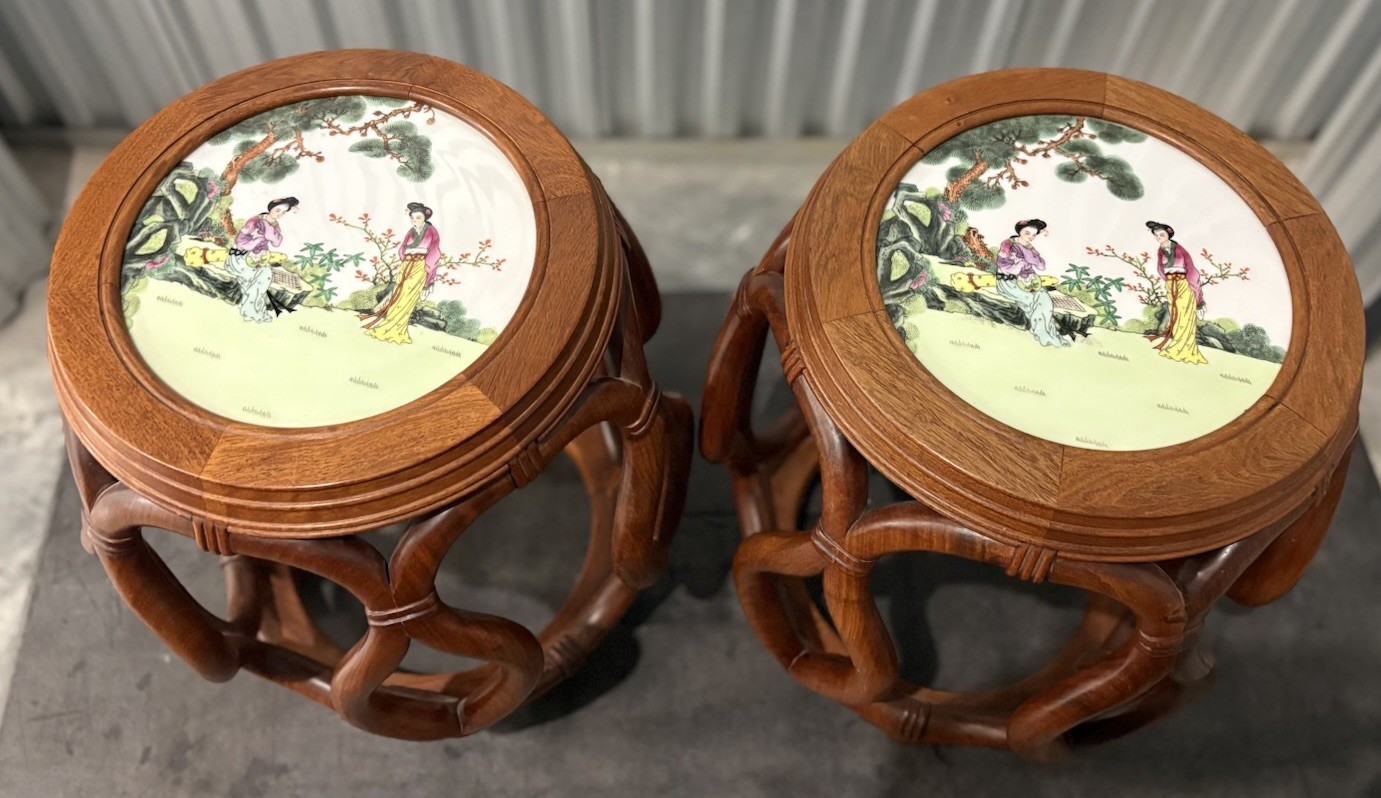 2 Asian Bentwood Drum Stool or Side Table with White Porcelain Top