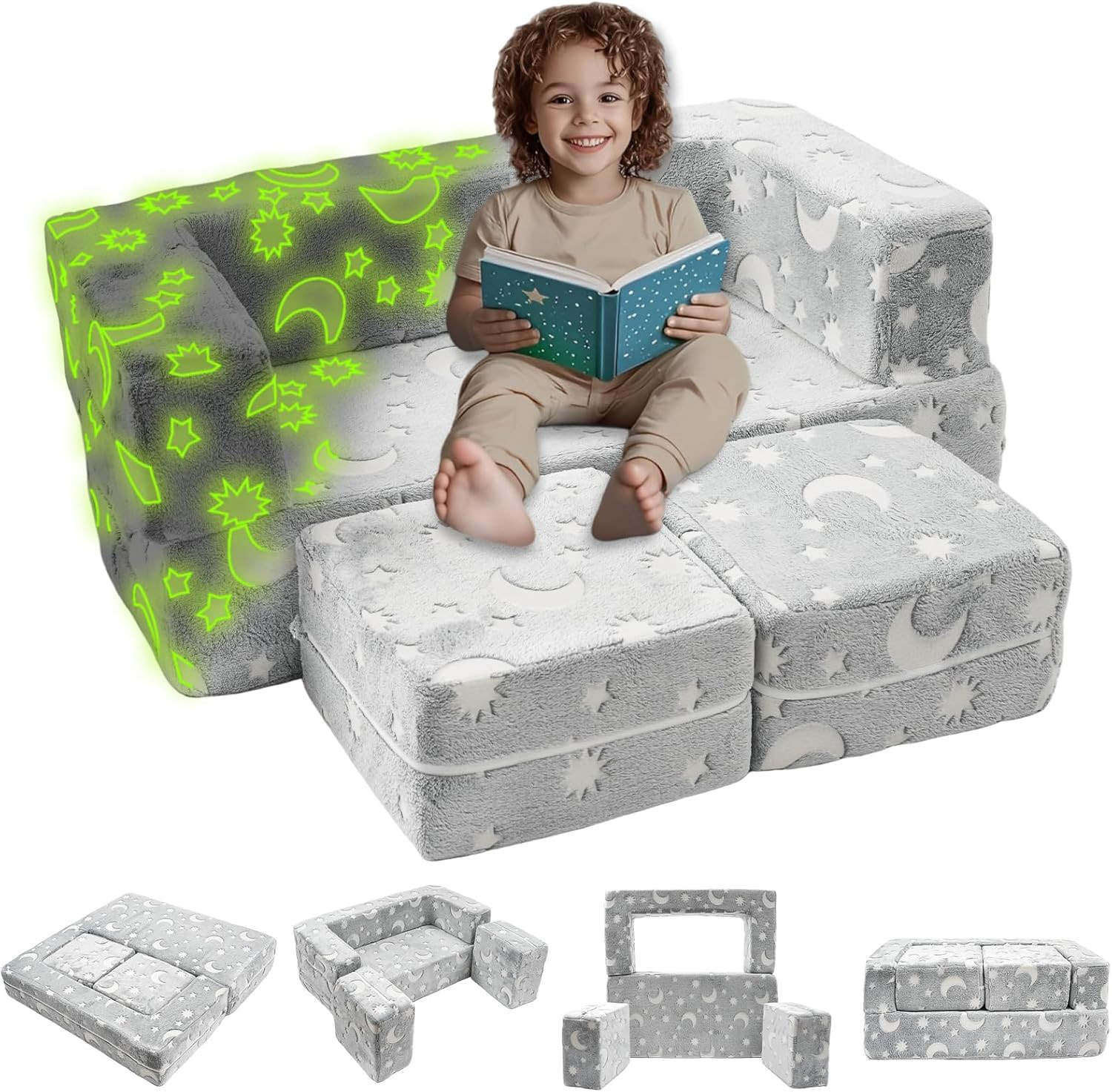 Glow-In-The-Dark Kids Couch, 4Pcs Toddler Sofa Bed, Removable Cover, Dark Grey