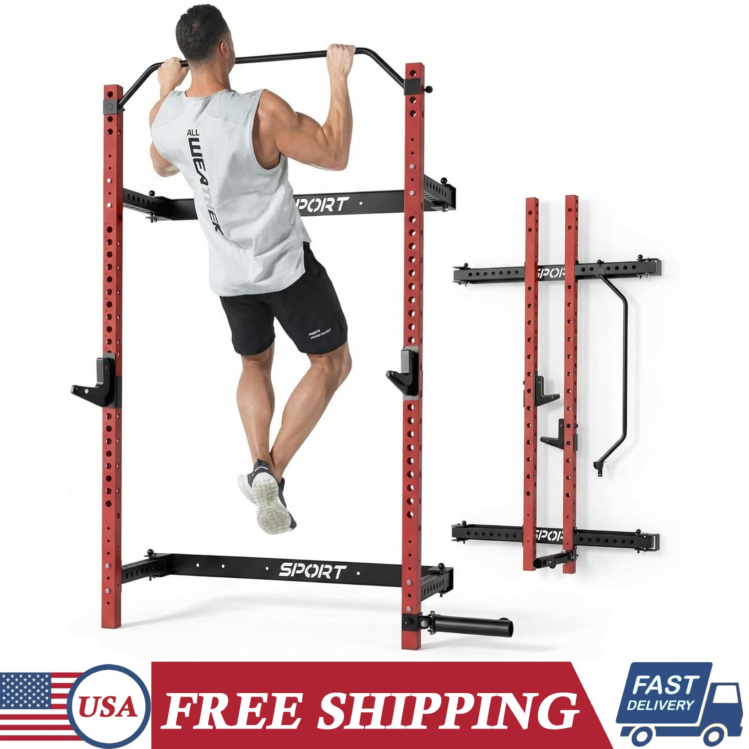 1000LBS Wall Mounted Folding Power Cage Squat Rack for Home Gym with Pull-Up Bar