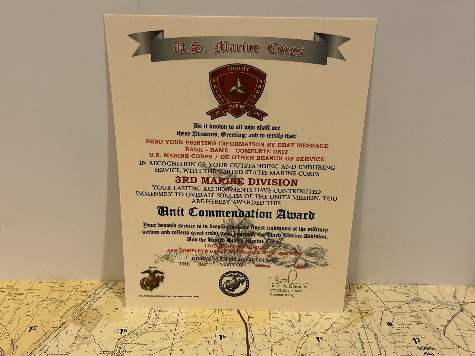 U.S.M.C. / 3RD MARINE DIVISION ~ UNIT COMMENDATION AWARD / CERTIFICATE