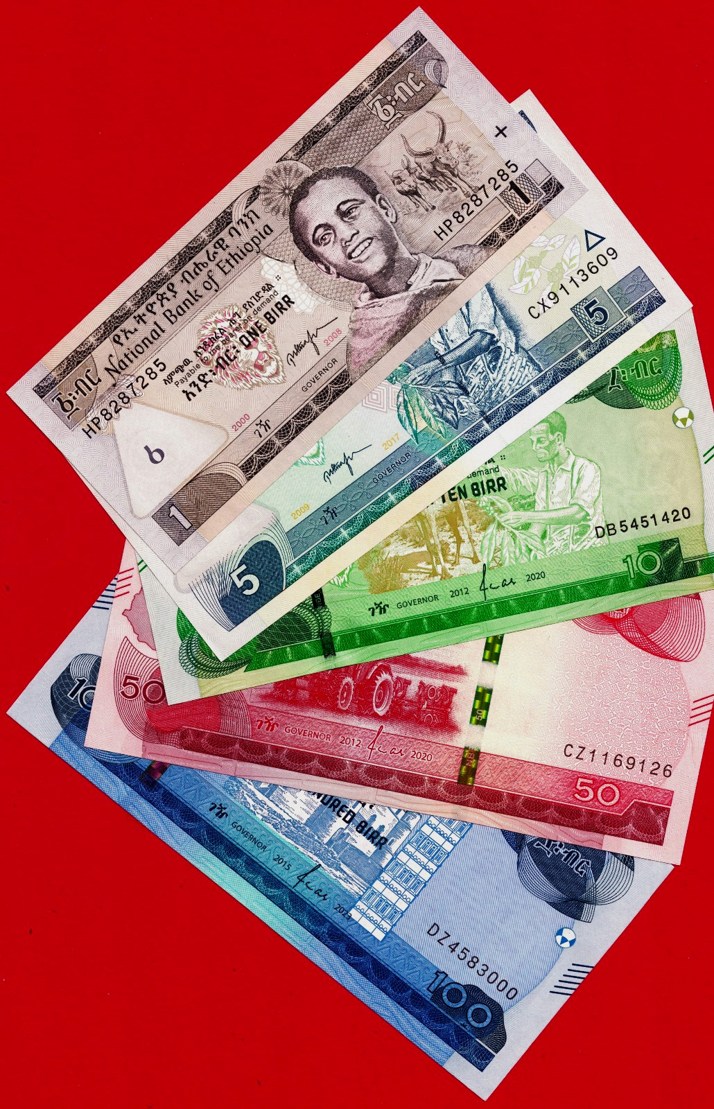 ETHIOIPIA 5 UNC NOTES 1, 5, 10, 50, & 100 Birr Diff Years, Prefixes & Signatures