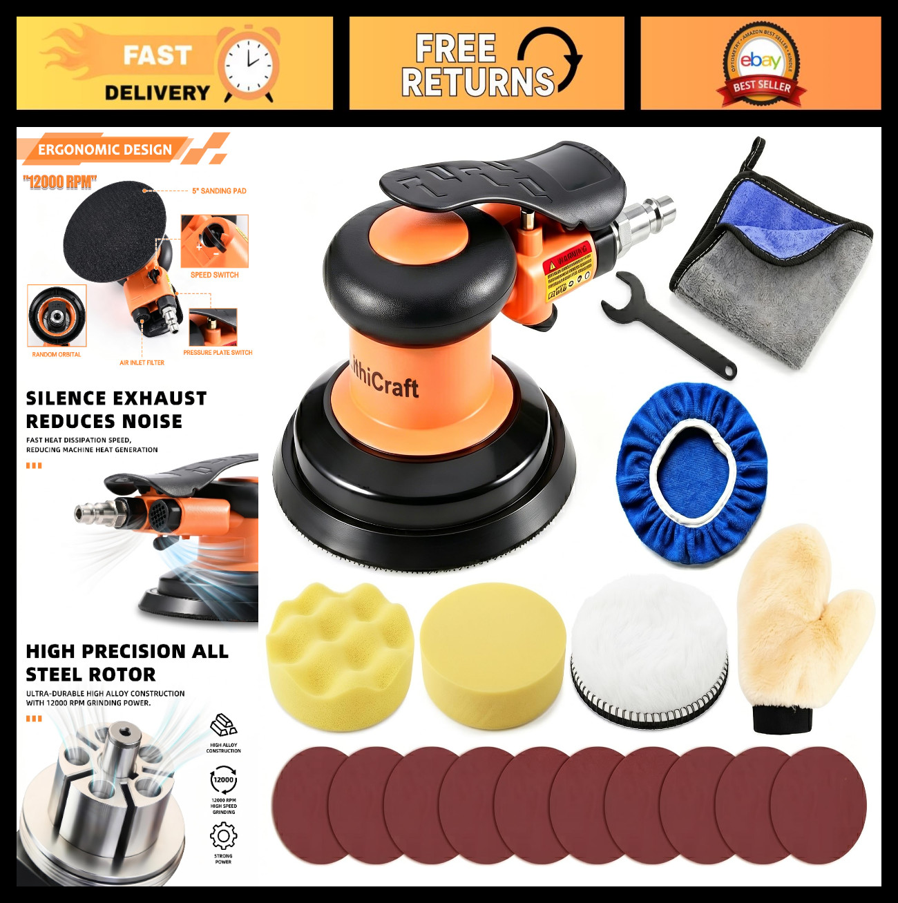 5" Pneumatic Random Orbital Sander Set - Dual-Action, Low-Noise, Low-Vibration f
