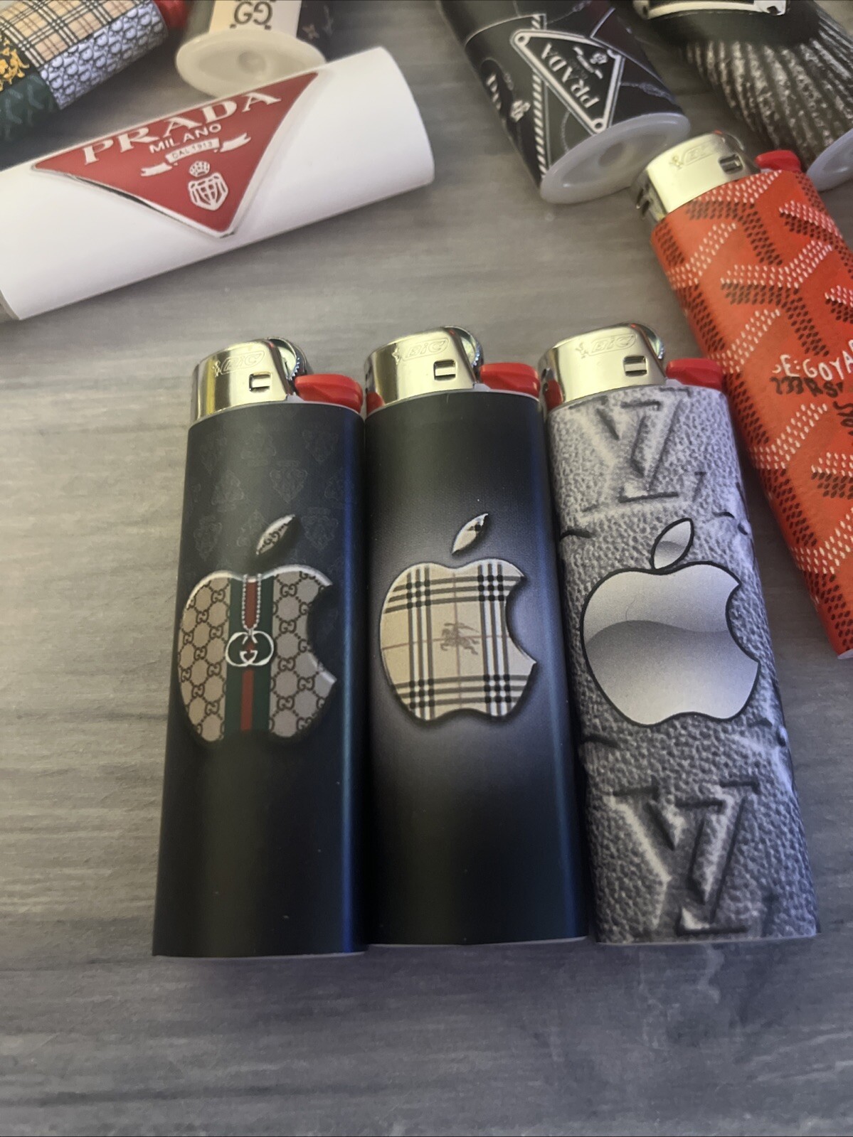 New 3 Bic Lighters Gucci ~ Burberry Apple Very Well Made Design Bic Lighters