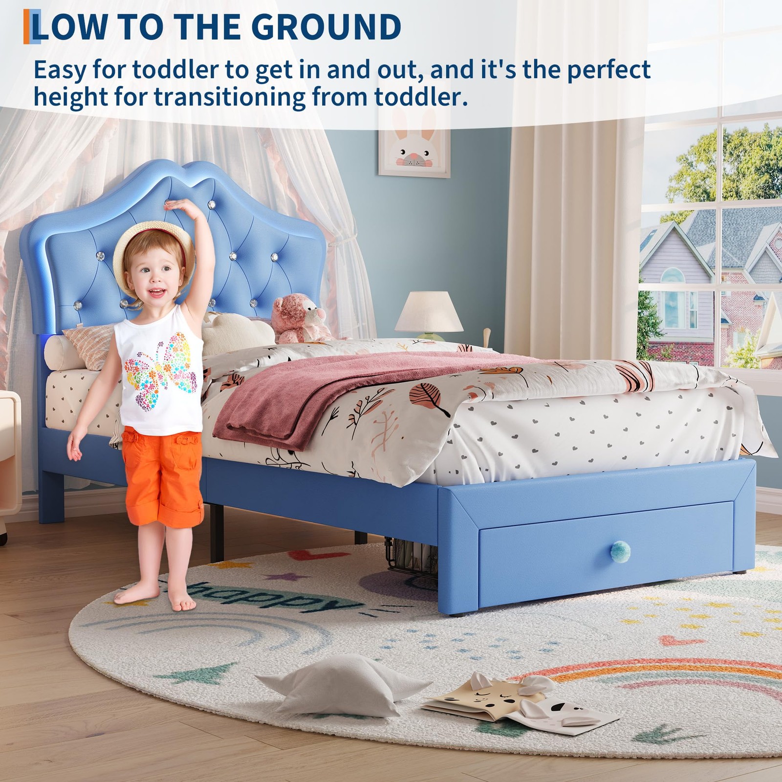 Twin Size Bed Frame w/Velvet Crystal Button Headboard & LED Light Platform ,Blue