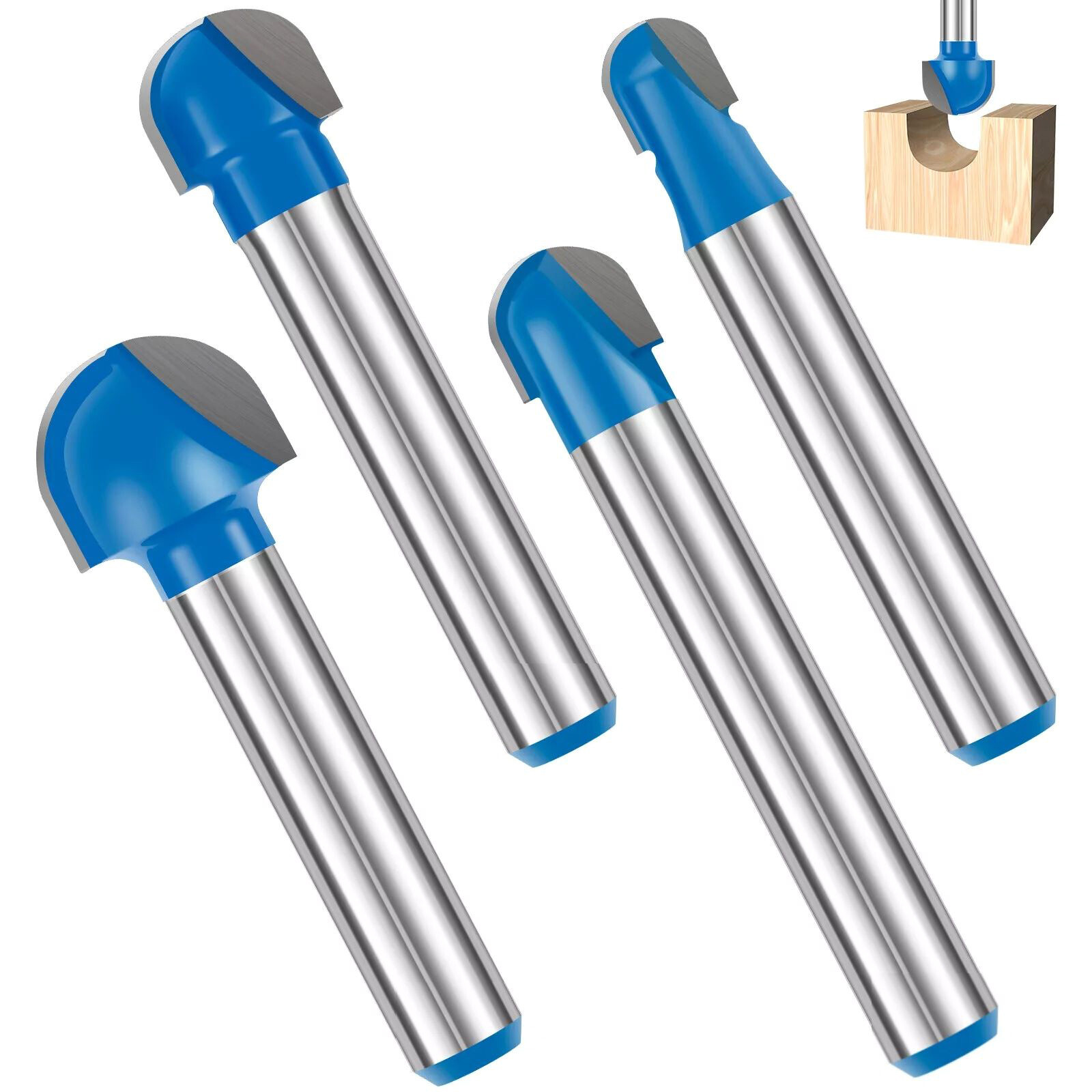 4Pcs/Set 1/4 inch Shank Solid Carbide Round Nose Router Bit Replacement