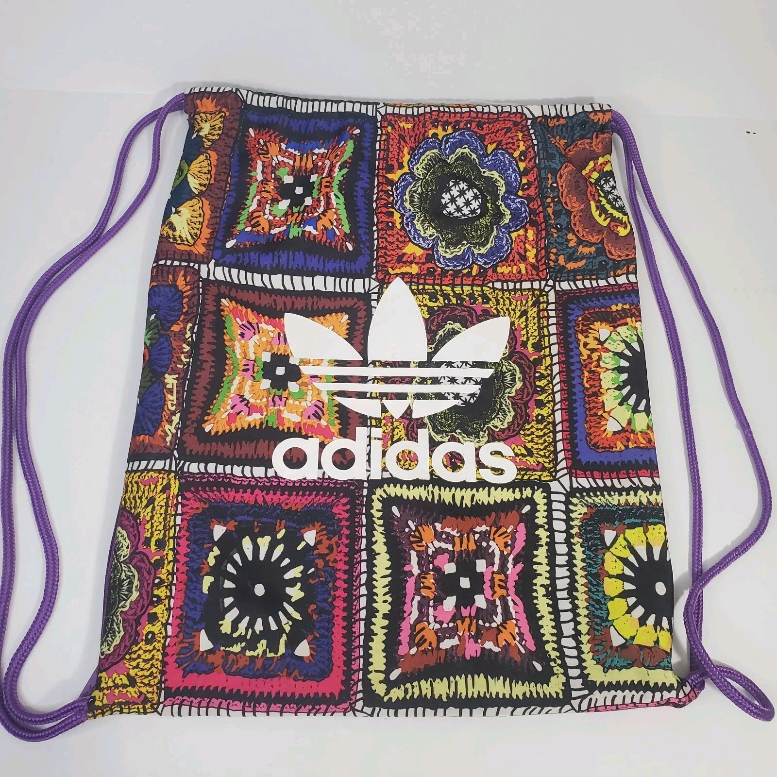 Adidas OG Crochita Gym Bag Drawstring Backpack Knapsack Faux Granny Square