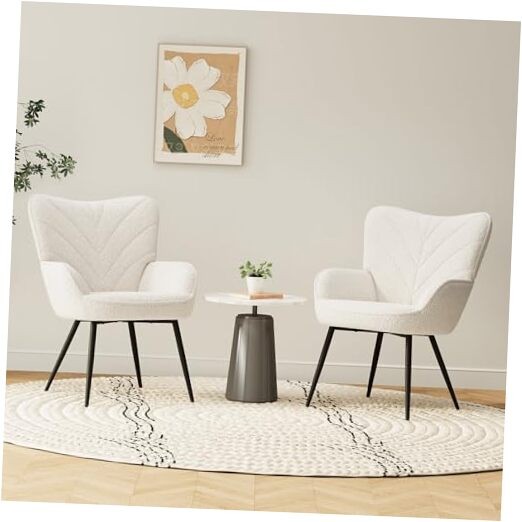 Mid-Century Modern Sherpa Accent Chair, Upholstered Armchair for set of 2 Beige