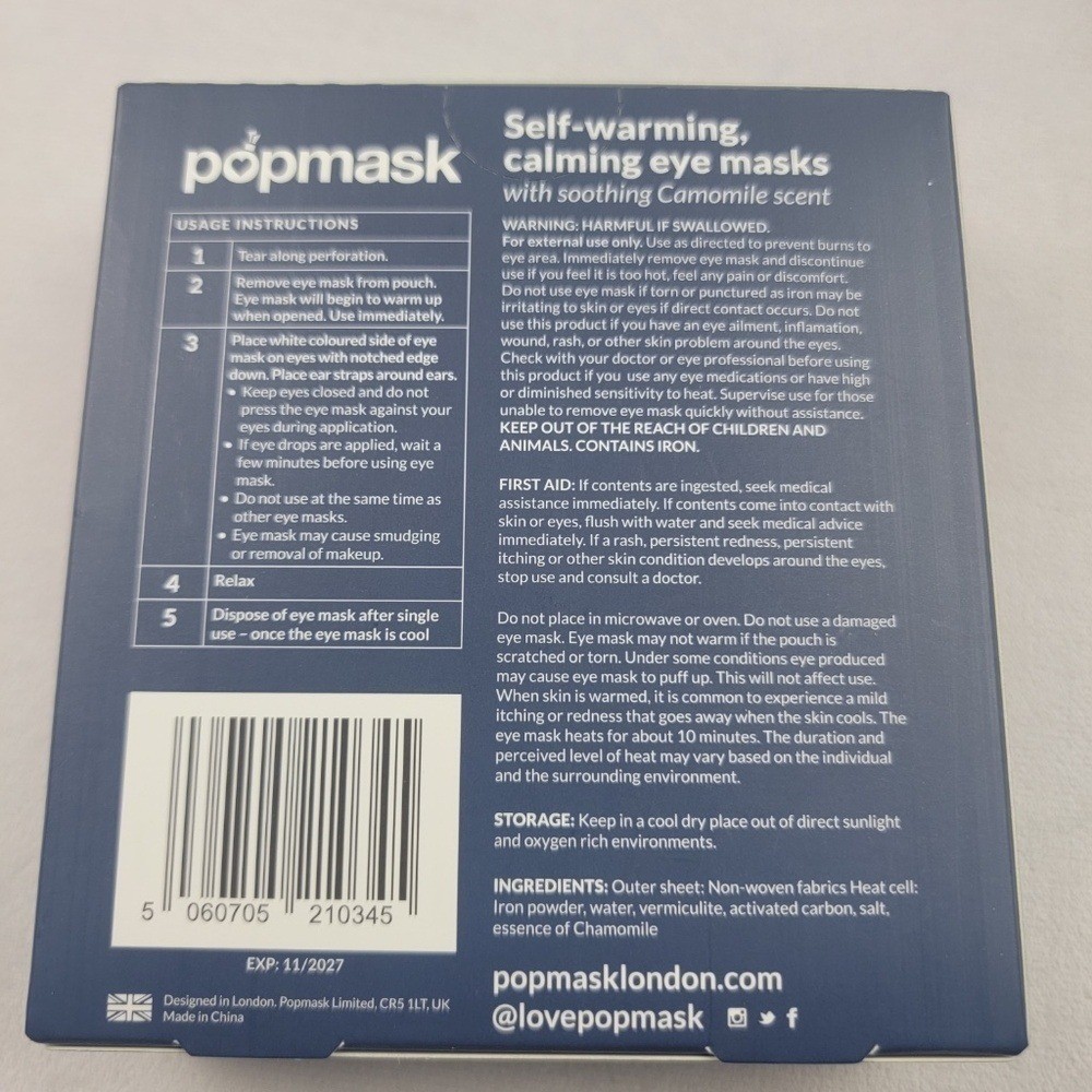 NIB popmask London Calm Self-warming Chamomile Scented Sleep Masks