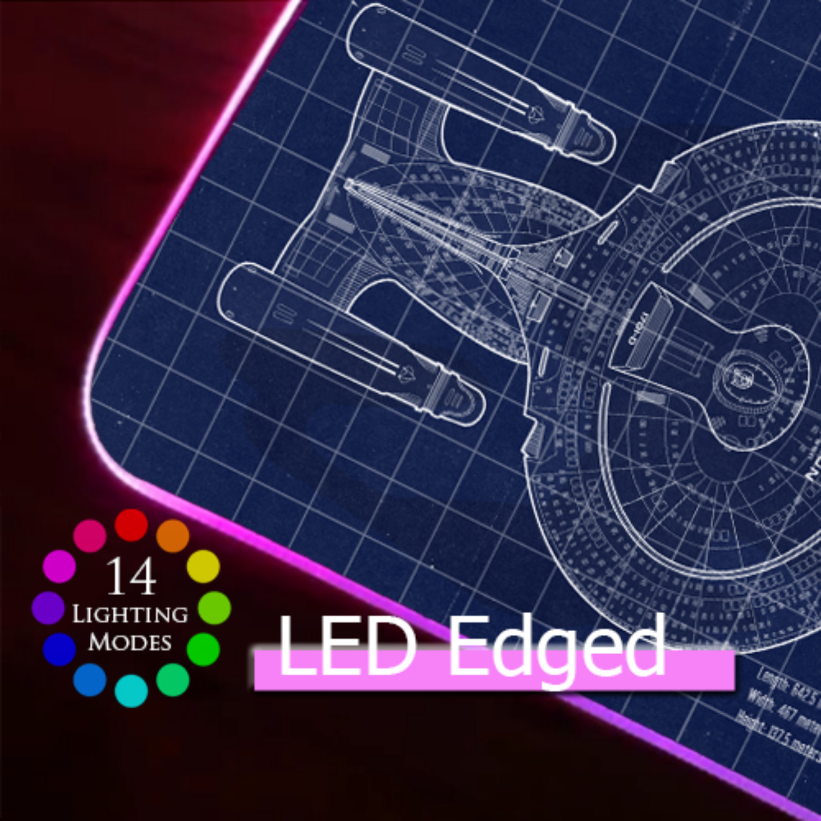 LED Desk Mat - Klingon Bird of Prey, Star Trek blueprint mousepad I RGB edged