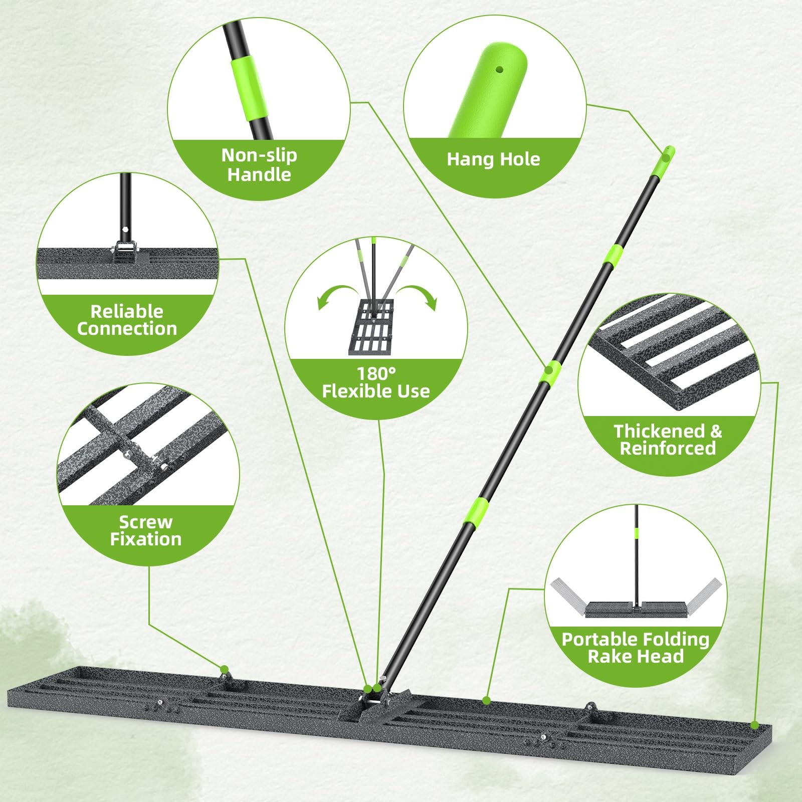 48×10 Anti-Flip Lawn Leveling Rake,76” Adjustable Handle