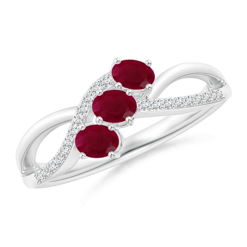 5x3MM Oval Shape Ruby Three Stone Women Ring with Accents 925 Sterling Silver