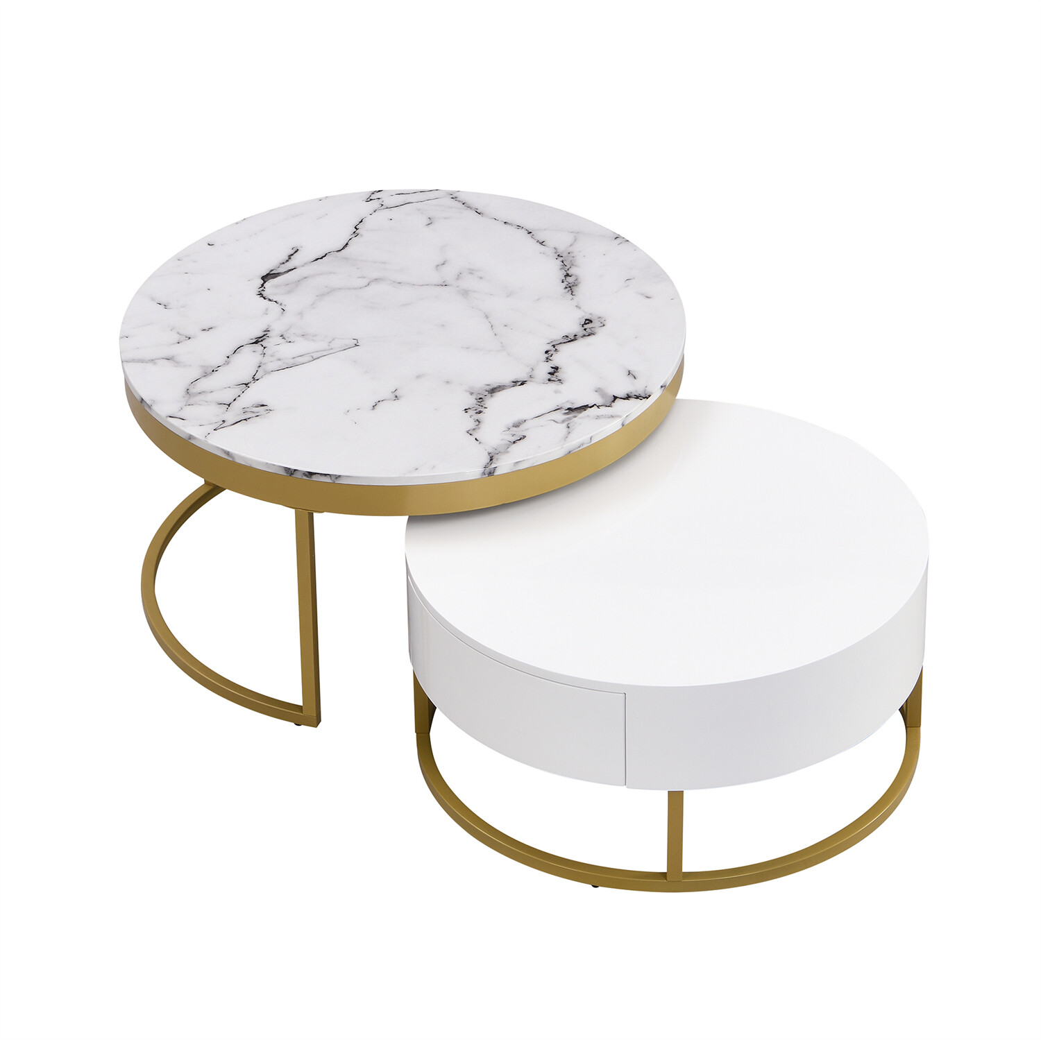 Modern Round Nesting Coffee Table Center Cocktail Table End Table w/ 2 Drawer