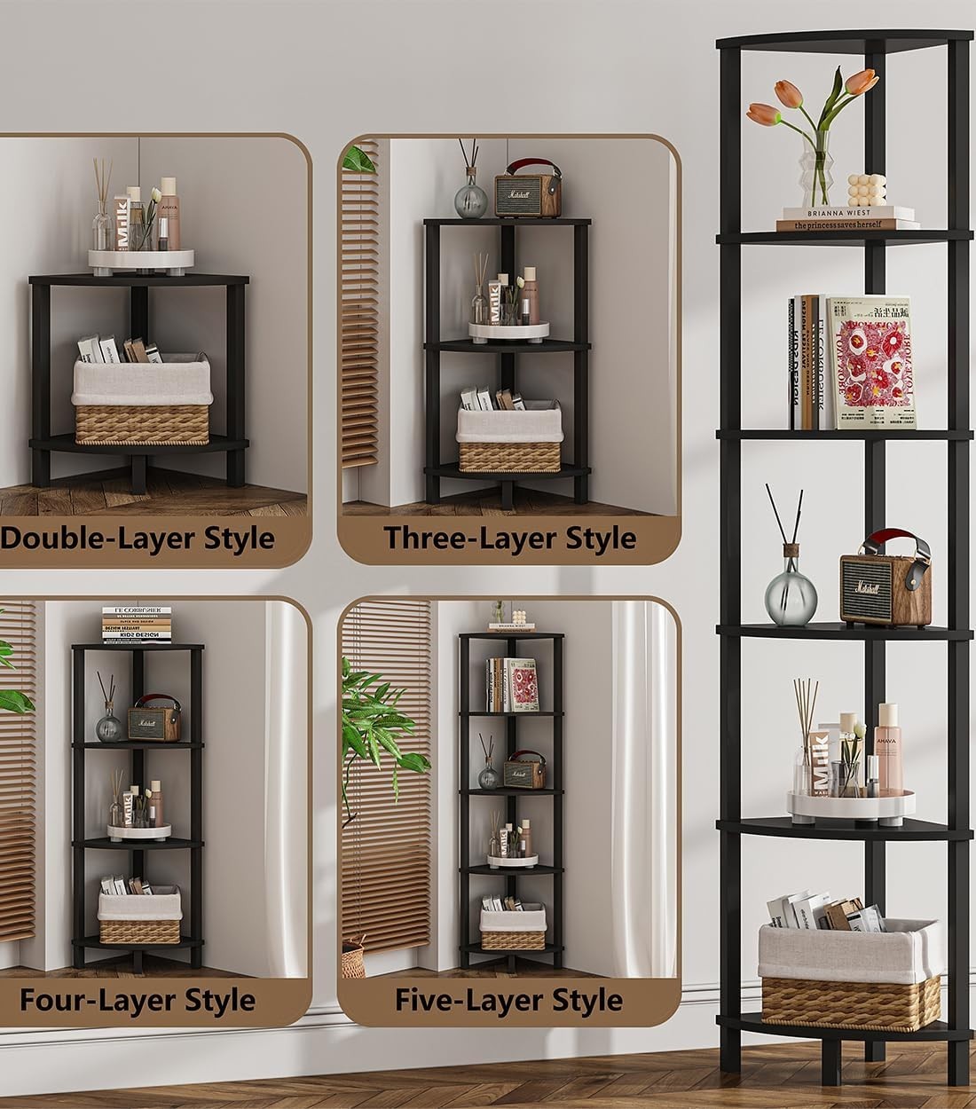 Elegant 6-Tier Industrial Corner Shelf - Customizable Storage Solution