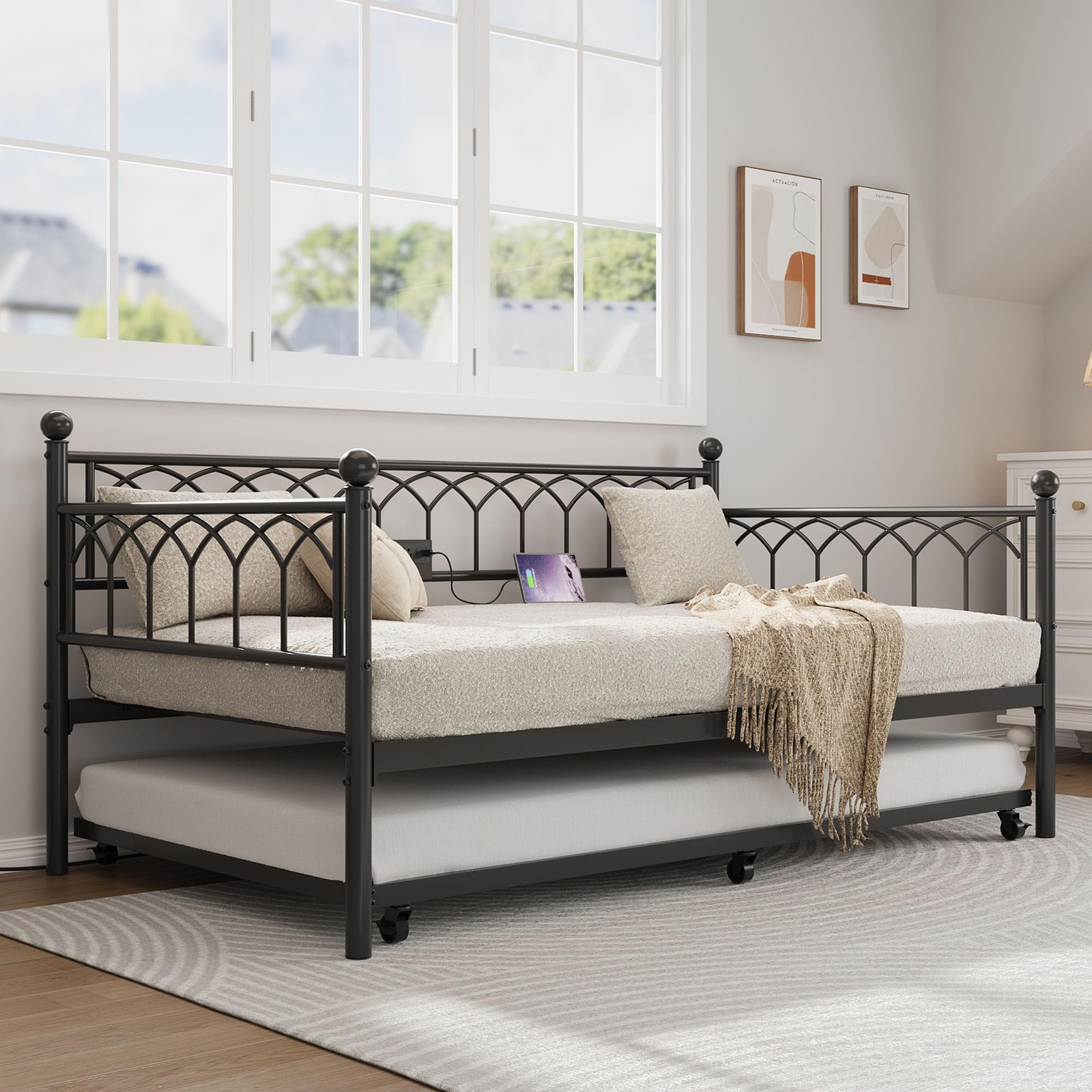 Twin Daybed with Trundle LED Metal Sofa Day Bed Frame with Charging Station
