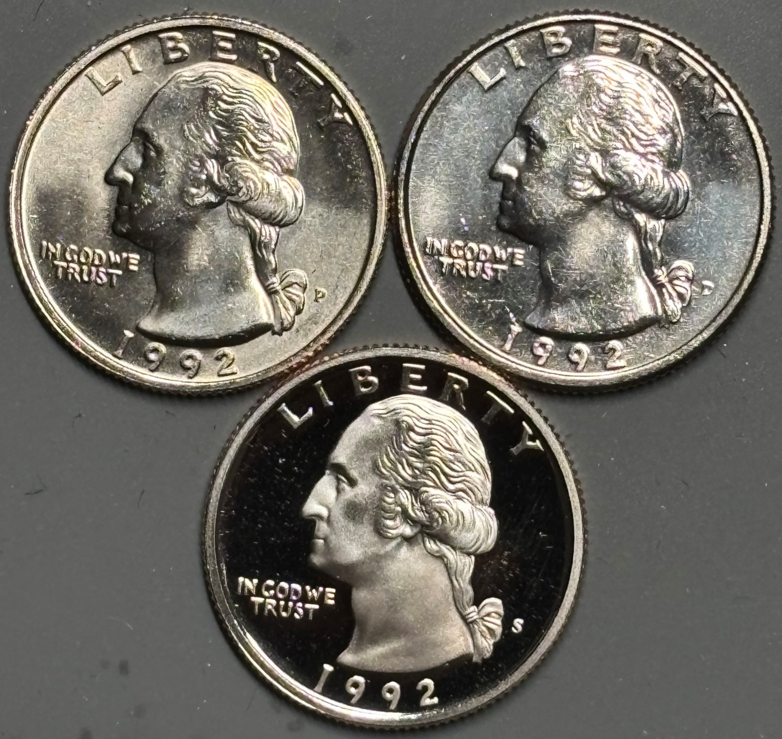 1992 P D S Washington Quarter Year Set Proof & BU US 3 Coin Lot