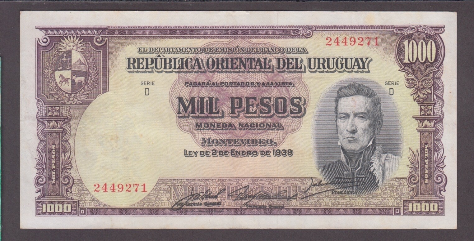 URUGUAY P.45-9271  1000 PESOIS 2.1.1939. VF  WE COMBINE        2506