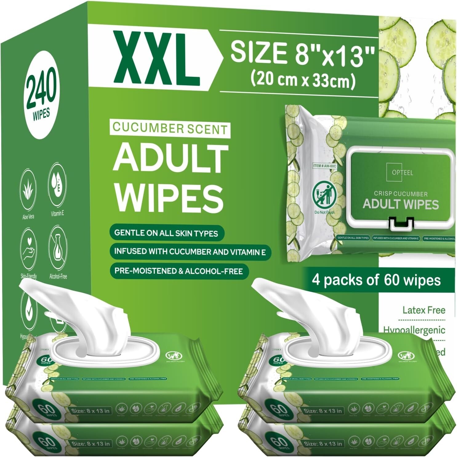 Adult Wipes For Elderly Softly Scented -  8x13" 240ct  (Too Large,Not-Flushable)