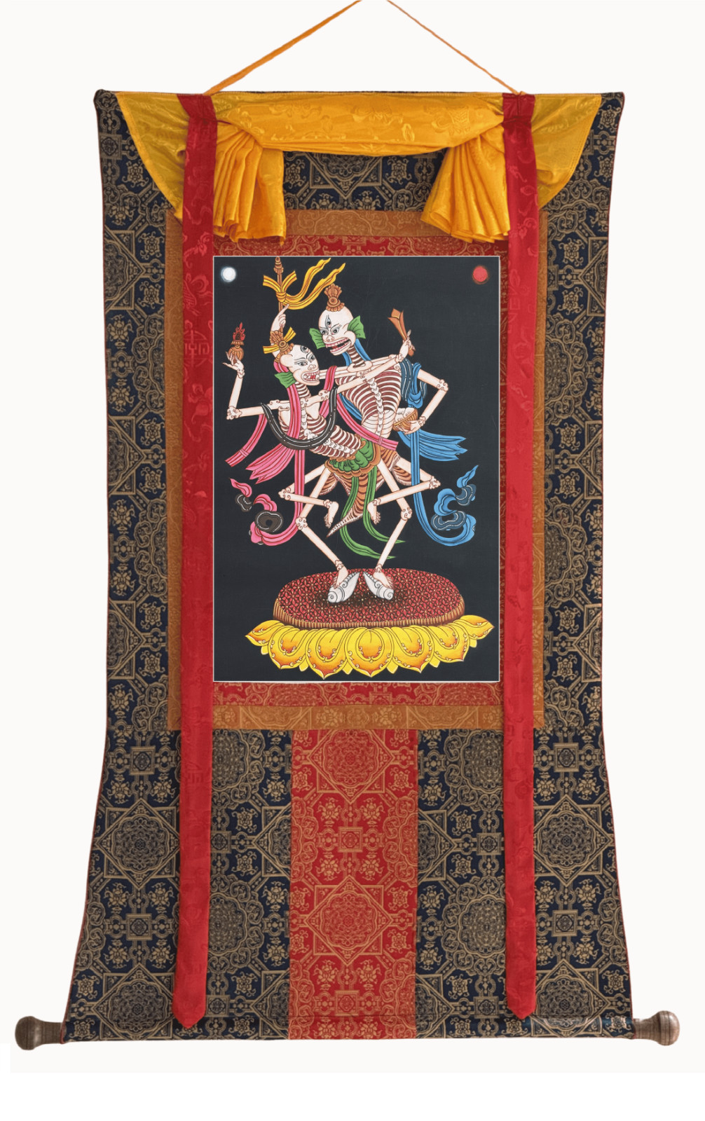 CITIPATI DANCING SKELETONS HAND-PAINTED TIBETAN THANGKA ART WITH SILK BROCADE