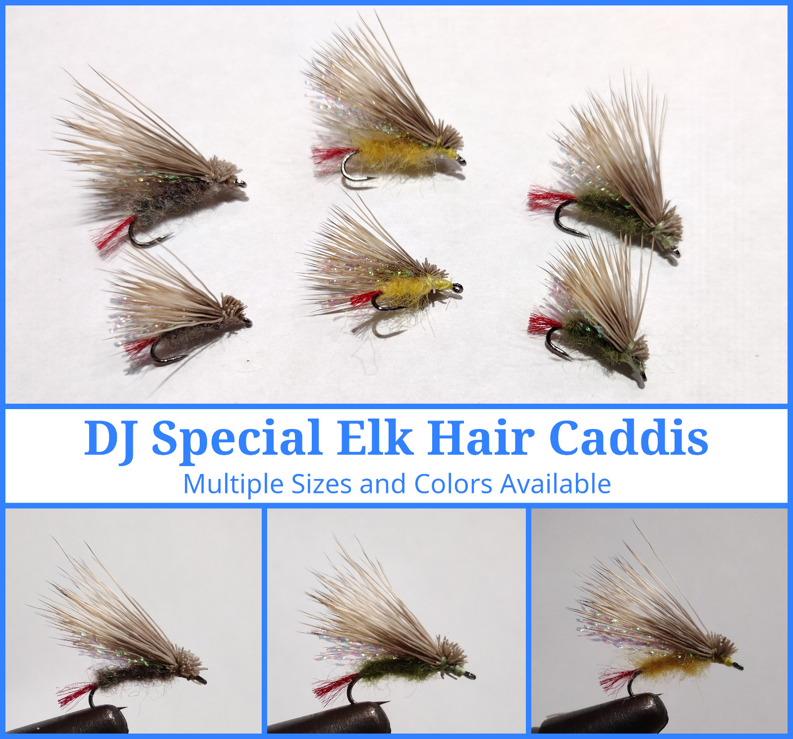 Elk Hair Caddis DJ Special Fishing Fly Hand Tied Olive Gray Yellow Barbless Hook