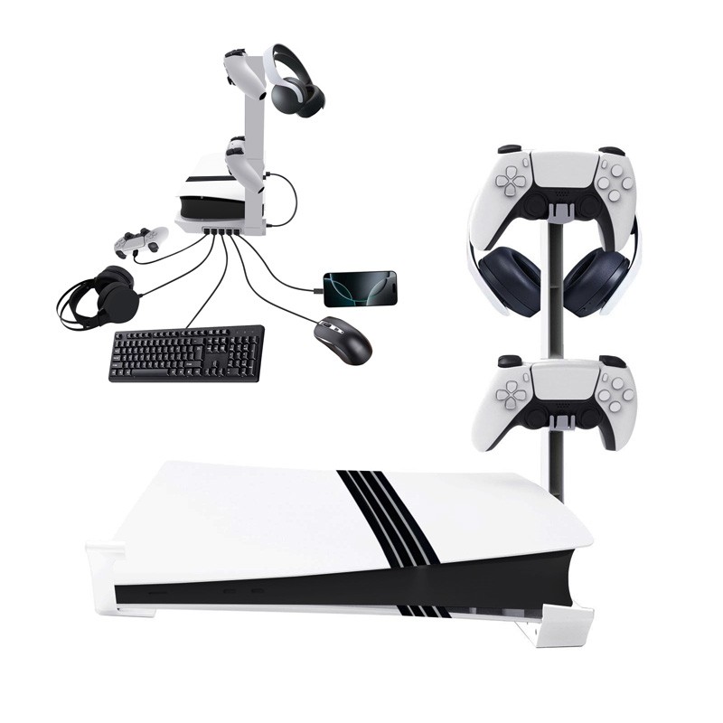 For PS5 pro/ slim Console Headset Cooling Stand Horizontal Mount w/ USB Charging