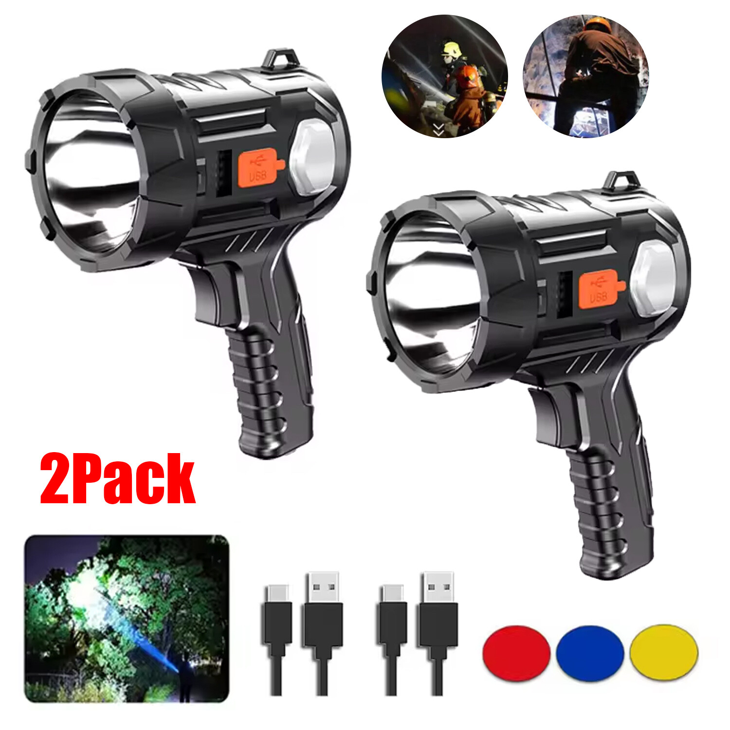2 Pack Bright Solar/USB Rechargeable LED Spotlight Flashlight Searchlight