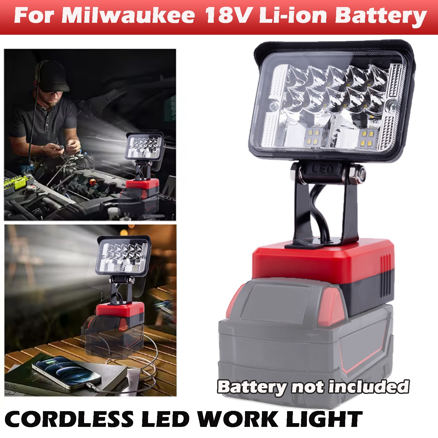 LED Work Light For Milwaukee 18V Lithium Battery Outdoor Cordless Lamp w/USB NEW