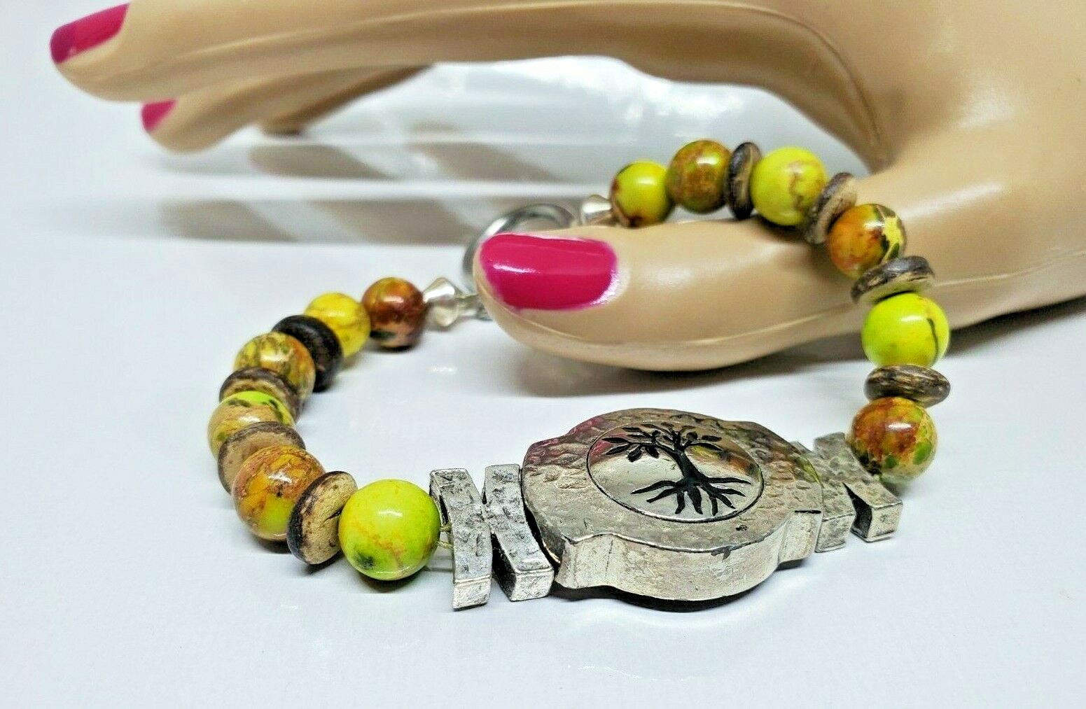 Green Brown Beaded Tree Design Bracelet 8" Marked KS