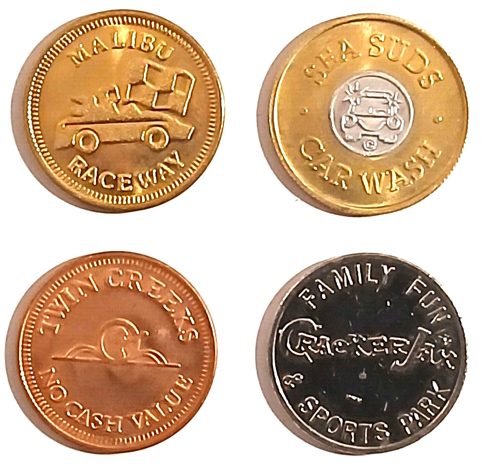 Vintage Car Wash Token Lot Of 4 All Different Metals Malibu Raceway Sea Suds