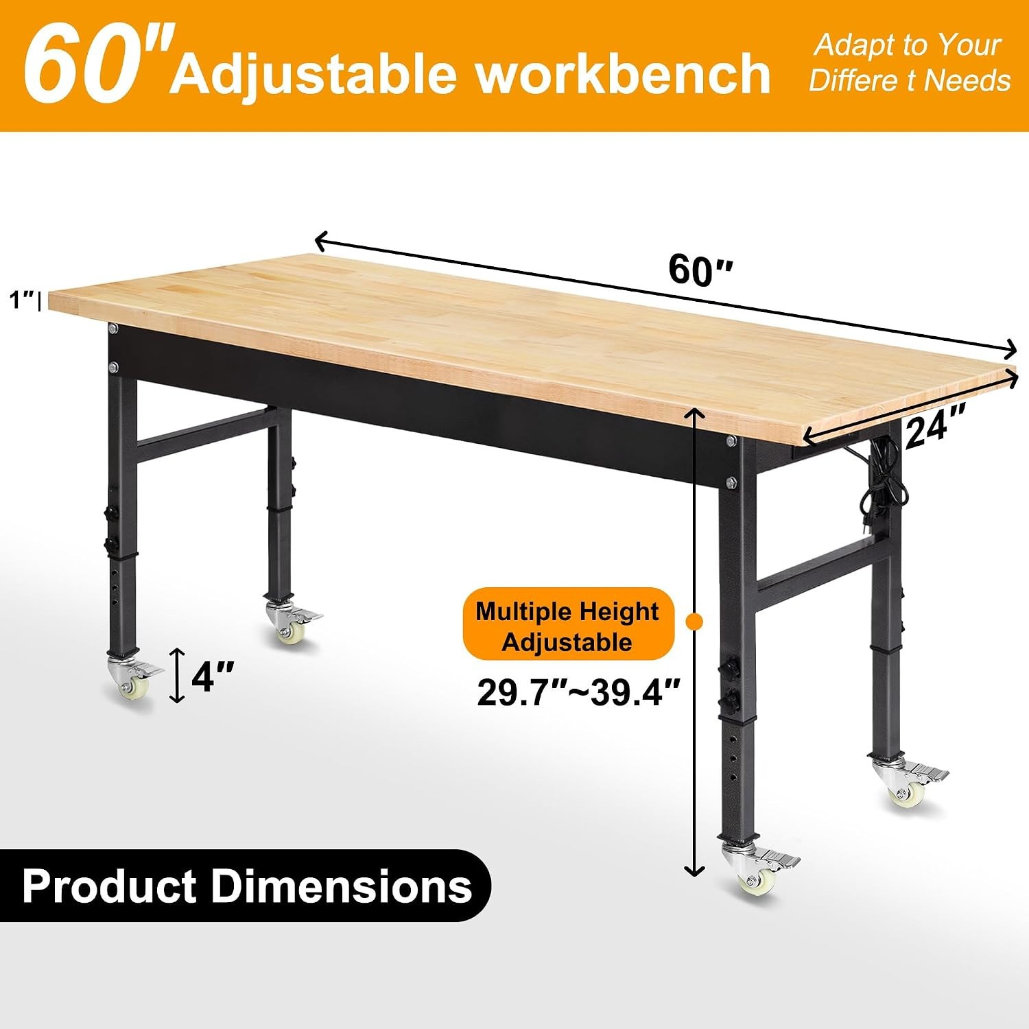 60" Adjustable Work Bench, Rubber Wood Top Workbench | Heavy-Duty Work Table wit