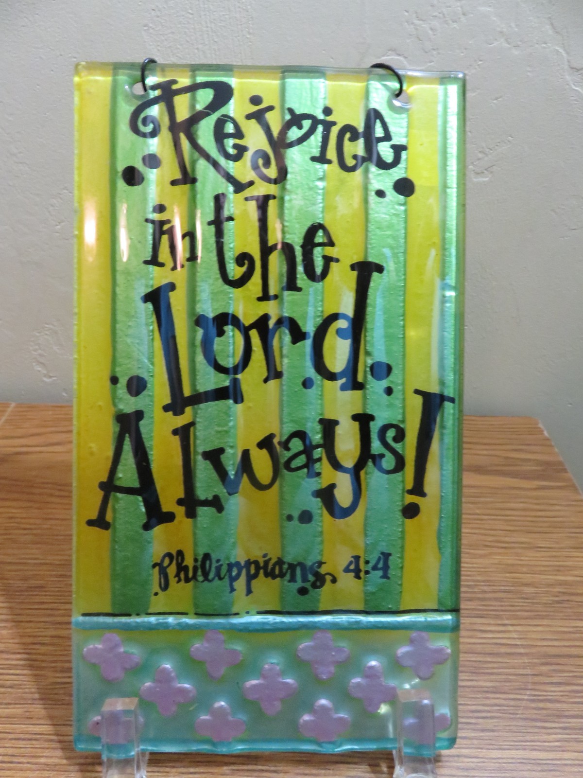 GLASS PAINTED SUNCATCHER REJOICE IN THE LORD 8 X 4.5"