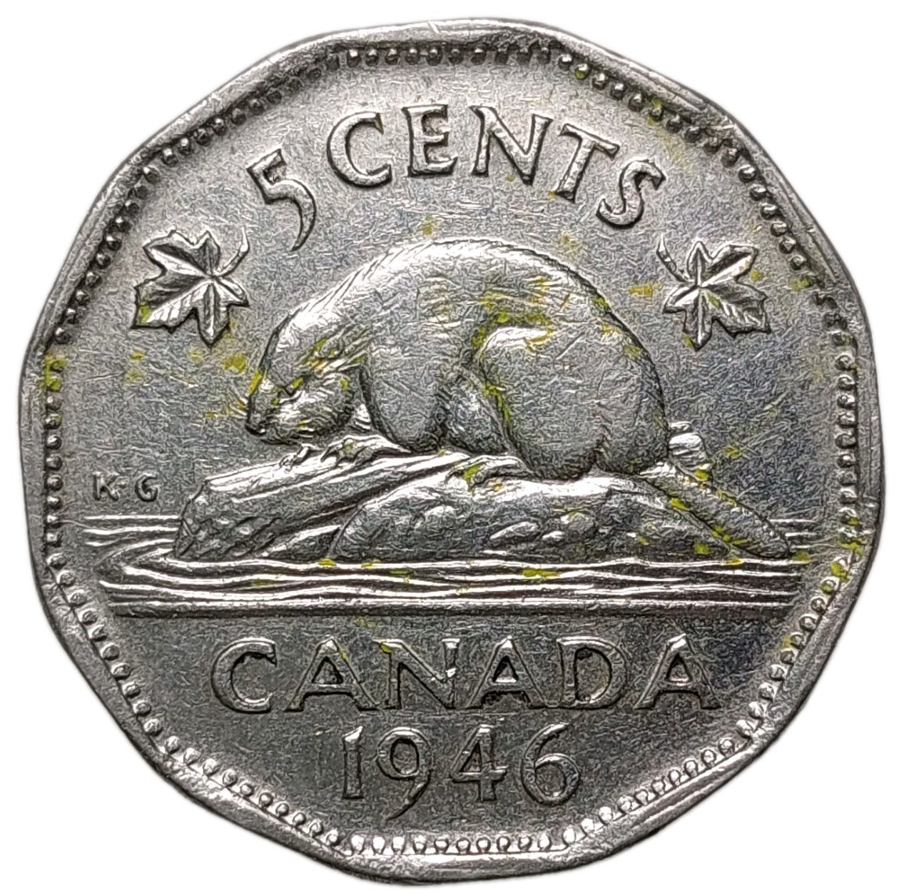 1946 Canada 5 Cents Beaver Coin George VI Nickel 12 Sided KM39a